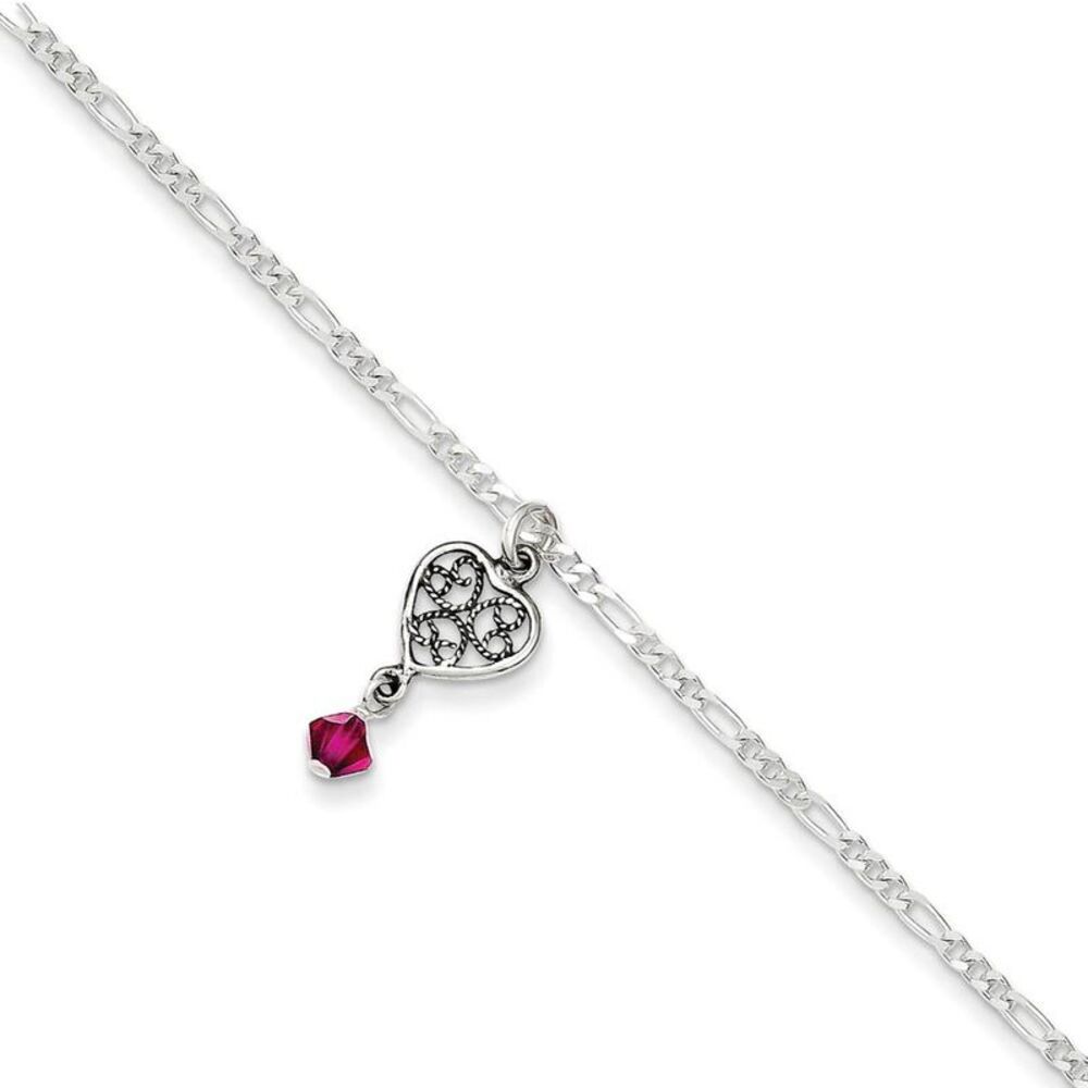 Sterling Silver Pink Crystal, Dangling Heart Anklet, 10 Inch